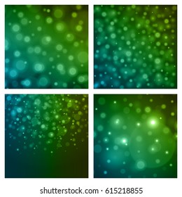 Abstract Light Blue Green Bokeh Set Backgrounds Vector Illustration. Magic Defocused Glitter Sparkles. Good for promotion materials, Brochures, Banners. Abstract Backdrop.