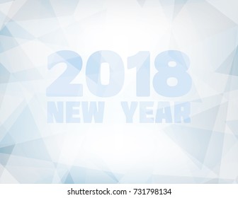 Abstract light blue and grey horizontal background textured by chaotic triangles with 'New Year 2018'. Geometrical vector pattern. CMYK color mode