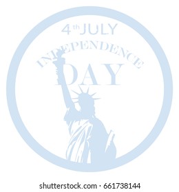 Abstract light blue image of a round stamp with the Statue of Liberty and inscription Independence Day on a white background