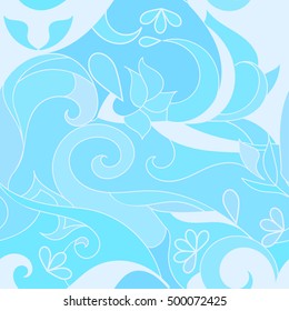 abstract light blue leaves and flowers seamless pattern