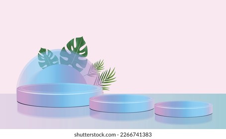 Abstract light blue, pink cylinder pedestal podium  blue and pink gradient background  Green Palm leaf decorate. Vector rendering 3d shape  Product display presentation.  Minimal wall scene.