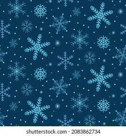Abstract light  blue snowflakes seamless pattern over navy blue . Great for Christmas gift wrapping paper, greeting cards, home décor and  textile 