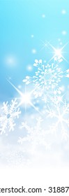 Abstract Light Blue, Turquoise - Vertical Winter Background Banner - with Snowflakes and Starlets. Cold and Foggy Backdrop with Soft Highlights and Snow Flakes.