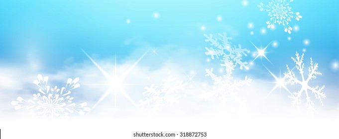 Abstract Light Blue, Turquoise - Winter Panorama Background - with Snowflakes and Starlets. Cold and Foggy Backdrop with Soft Highlights and Snow Flakes Banner.