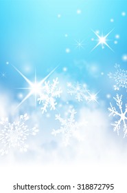 Abstract Light Blue, Turquoise - Winter Background - with Snowflakes and Starlets. Cold and Foggy Backdrop with Soft Highlights and Snow Flakes.