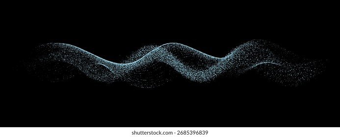 Onda azul clara abstrata feita de partículas no fundo preto. Função de onda moderna para visualização de som ou fluxo de dados digitais.