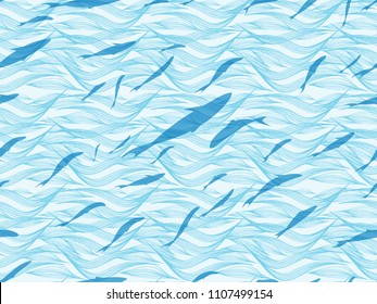 Abstract light blue waves seamless line pattern with fishes swimming on light blue sea background