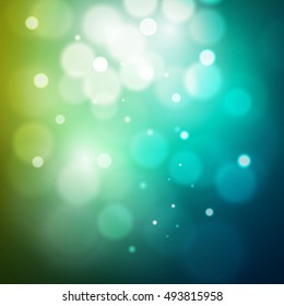 Abstract light blue, white and green bokeh background Vector illustration. Defocused glitter sparkles. 