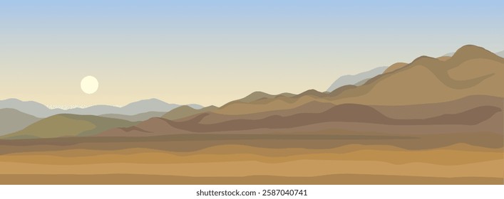 Abstract light blue wind cloud dusk sundown heaven text space backdrop. Panoramic hand drawn old rocky windy way eco farmer village bright yellow tree bush plant ecology scene view cartoon art style