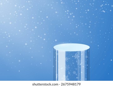 Abstractas fondo de invierno azul claro con podio redondo de vidrio y nieve caída y copos de nieve. Vector 3d ilustración.