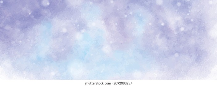 Abstract light blue-purple watercolor for background. Texture stains watercolor hand-painted horizontal background with falling snow, vector used for header, banner, or wall art.
