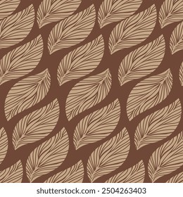 Abstract light brown leaf seamless vector pattern on dark brown background. Nature leaf Pattern. Abstract floral seamless pattern.