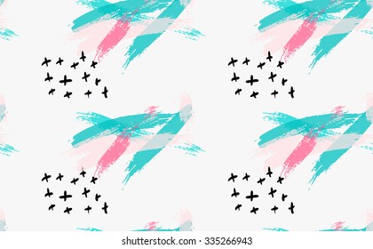 Abstract light brush strokes and black crosses.Hand drawn with paint brush seamless background.Modern hipster style design.