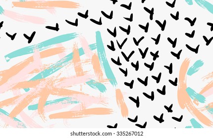 Abstract light brush strokes and black check marks.Hand drawn with paint brush seamless background.Modern hipster style design.