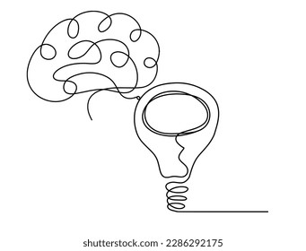 Abstract light bulb with brain as line drawing on white background. Vector