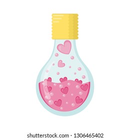 Abstract light bulb cartoon and hearts on white background. Vector illustration for Valentines day or wedding. Vector illustration of light bulb filled with hearts.