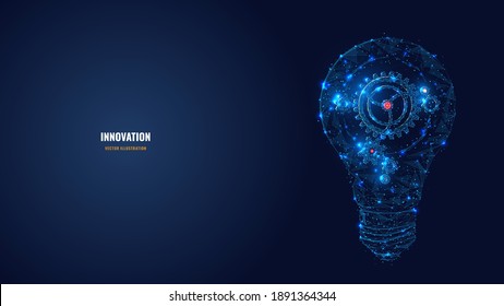 Abstract light bulb with gears inside. Innovation, creativity, business technology idea concept in dark blue. Digital vector wireframe looks like starry sky. Low poly glowing mesh with connected dots