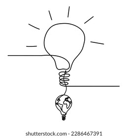 Abstract light bulb with globe light bulb as line drawing on white background. Vector