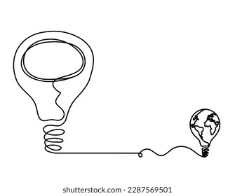 Abstract light bulb with globe light bulb as line drawing on white background. Vector