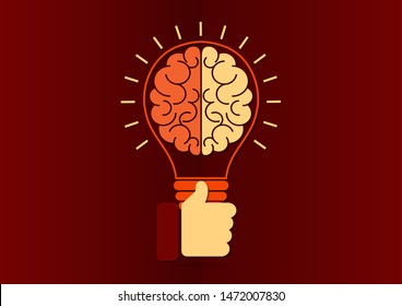 Abstract light bulb inside the brain, thumb up. Concept of idea, business success. Vector illustration in flat design style.