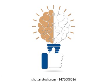 Abstract light bulb inside the brain, thumb up. Concept of idea, business success. Vector illustration in flat design style.