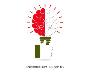 Abstract light bulb inside the brain, thumb up. Concept of idea, business success. Vector illustration in flat design style.