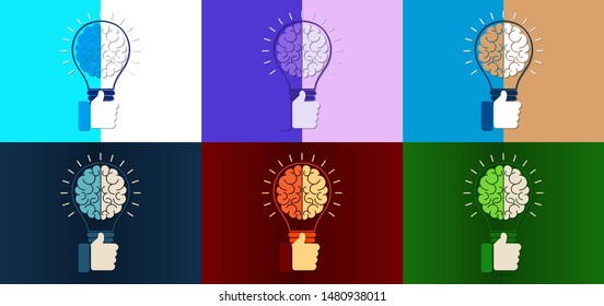 Abstract light bulb inside the brain, thumb up. Concept of idea, business success. Vector illustration in flat design style.