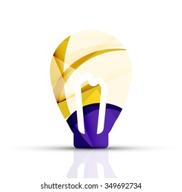 Resumen diseño del logotipo de la bombilla de luz hecho de piezas de color - varias formas geométricas. Ilustración del vector