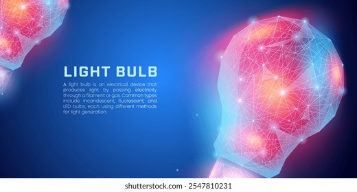 Abstract light bulb in low poly wireframe style, digital innovation in dark blue background suitable for illustration of technological developments, cyberspace, business ideas and brainstorming