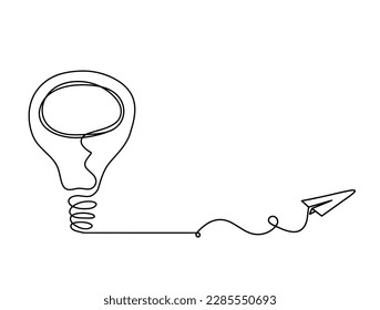 Abstract light bulb with paper plane as line drawing on white background. Vector