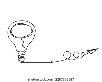 Abstract light bulb with paper plane as line drawing on white background. Vector