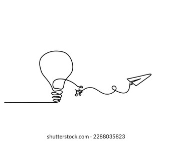Abstract light bulb with paper plane as line drawing on white background. Vector
