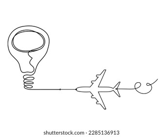 Abstract light bulb with plane as line drawing on white background. Vector