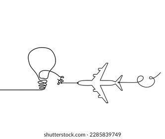 Abstract light bulb with plane as line drawing on white background. Vector