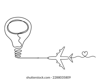 Abstrakte Glühbirne mit Flugzeug als Linie auf weißem Hintergrund. Vektorgrafik