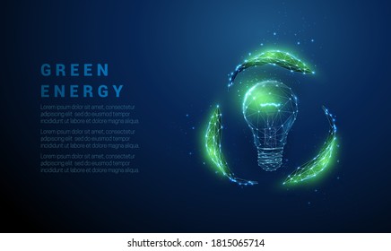 Abstract light bulb and recycle sign from leafs. Low poly style design. Blue geometric background. Wireframe light connection structure. Modern 3d graphic ecology concept. Isolated vector illustration