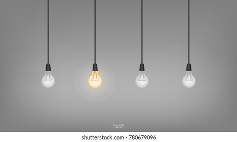 Abstract light bulb set with gray gradient background. Hang ceiling cone lamp for interior design and decoration. Image idea for thinking concept. Vector illustration.
