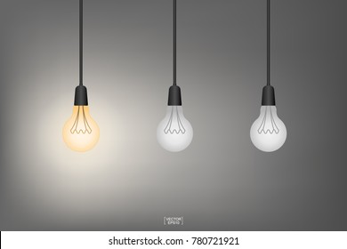 Abstract light bulb set with gray gradient background. Hang ceiling cone lamp for interior design and decoration. Image idea for thinking concept. Vector illustration.