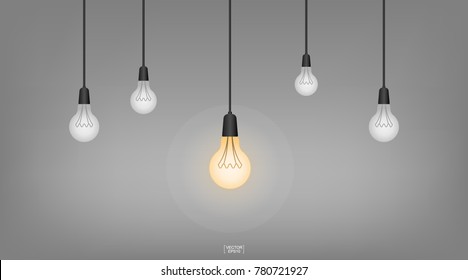 Abstract light bulb set with gray gradient background. Hang ceiling cone lamp for interior design and decoration. Image idea for thinking concept. Vector illustration.