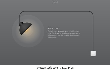 Abstract light bulb and light switch on gray background. Lamp and switch with area for text. Image idea for interior design and decoration. Vector illustration.