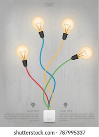 Abstract light bulb and light switch on concrete wall background. Lamp and switch with area for text. Image idea for interior design and decoration. Vector illustration.