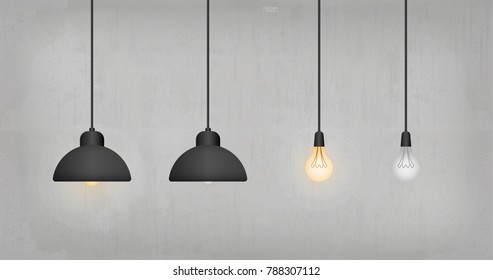 Abstract light bulb and light switch on concrete wall background. Lamp and switch. Image idea for interior design and decoration. Vector illustration.