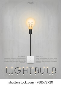 Abstract light bulb and light switch on concrete wall background. Lamp and switch with area for text. Image idea for interior design and decoration. Vector illustration.