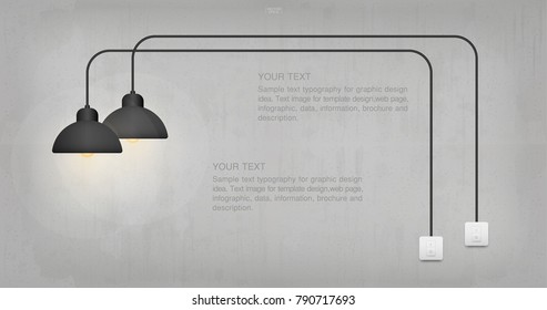 Abstract light bulb and light switch on concrete wall background. Lamp and switch with area for text. Vector illustration.