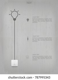 Abstract light bulb symbol and light switch on concrete wall background. Lamp and switch with area for text. Vector illustration.
