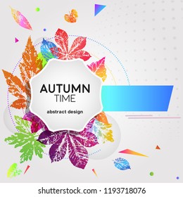 Abstract light card autumn time with leaf prints in bright trendy gradient colors. Vector design elements for the design of postcards, promotional leaflets, autumn sales.