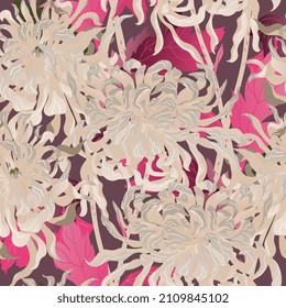 Abstraktes helles Chrysanthemum. Nahtloses Muster. Oberflächendesign für Stoff, Tapete, Wickelpapier, Einladungskarte. Blumenabstraktion. Square Vektor EPS file.  Beige, creme, rosafarbene Farbe. Kunstdruck.