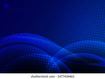 Abstract light circles halftone and glitter effect on dark blue background with space for your text. Vector illustration