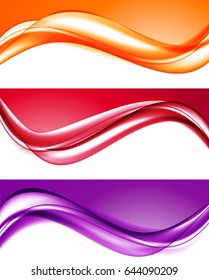 Abstract light colorful backgrounds set with red orange purple horizontal wavy lines in soft dynamic style. Vector illustration