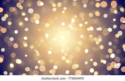 Abstract light confetti with glitter glow effect on golden background. Vector defocused shine or golden and white sparkling lights glow bokeh for Christmas or birthday holiday background template